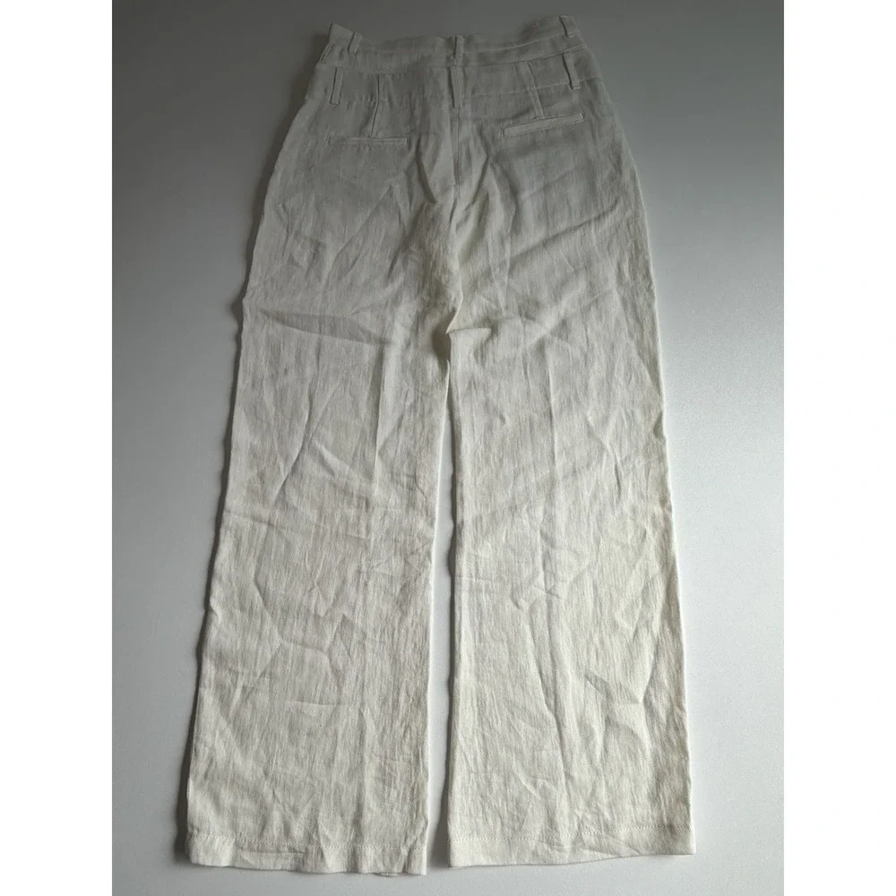 ZARA Double Waist High-Rise Ivory Linen Blend Wide Leg Pants Sz M